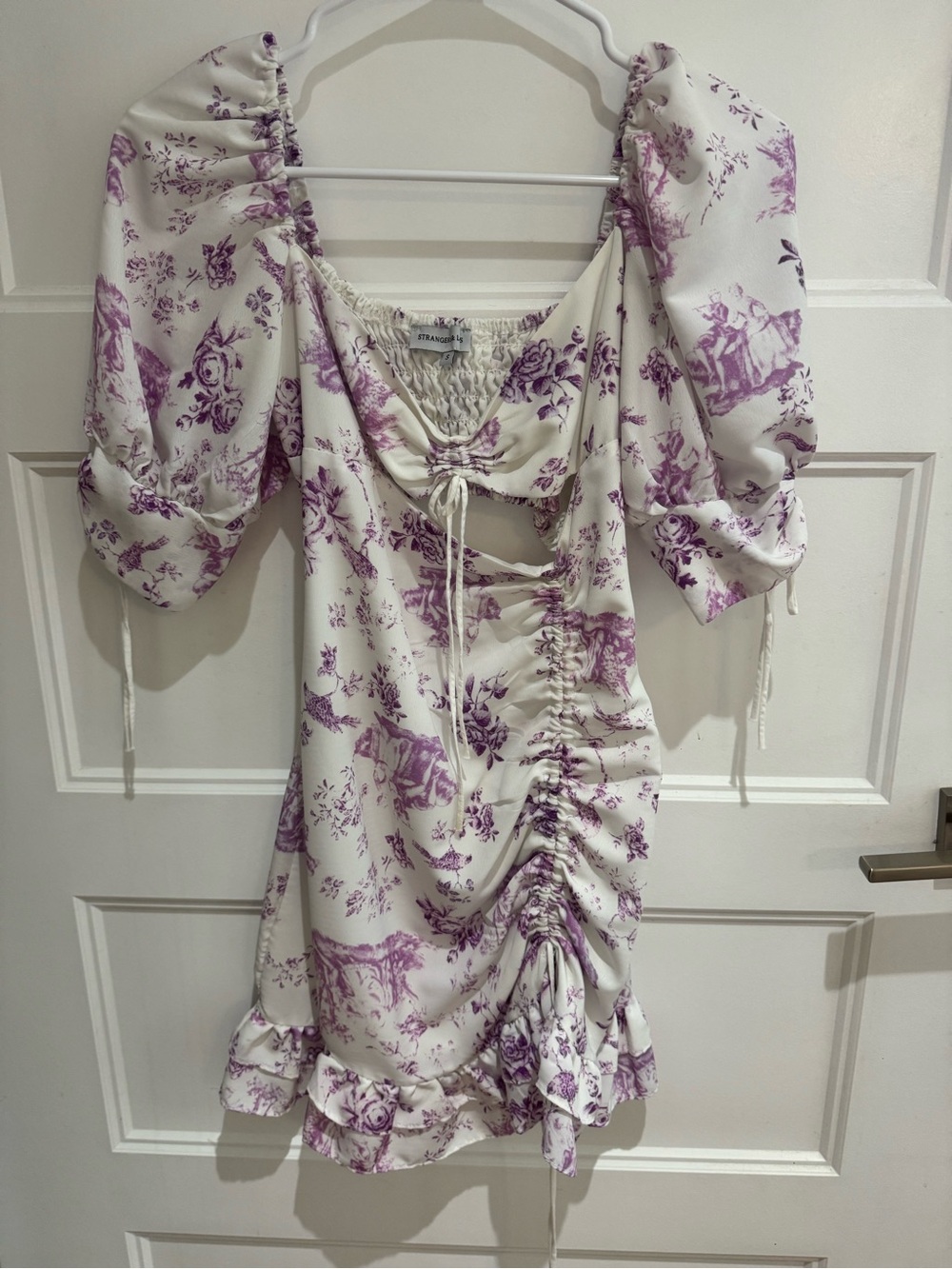 Strangers&Lovers Purple Toile Ruched Puff Sleeve Mini Dress